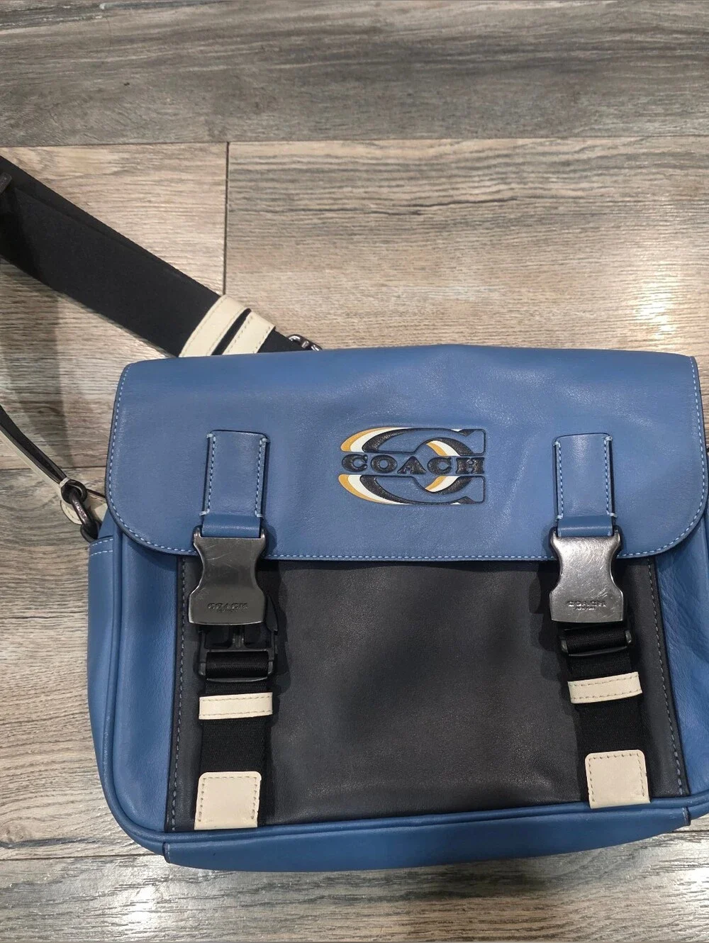 Coach Blue Leather Messenger Bag with Black and Cream Accents